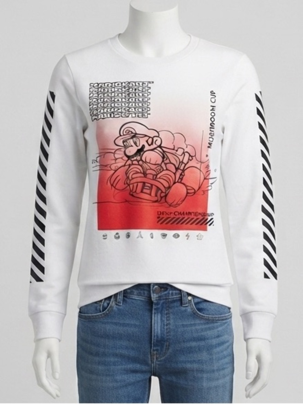 Nintendo Mariokart White Sweatshirt with Red Graphic & Black Sleeve Stripes